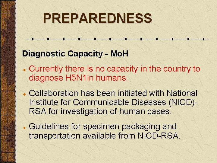 PREPAREDNESS Diagnostic Capacity - Mo. H Currently there is no capacity in the country