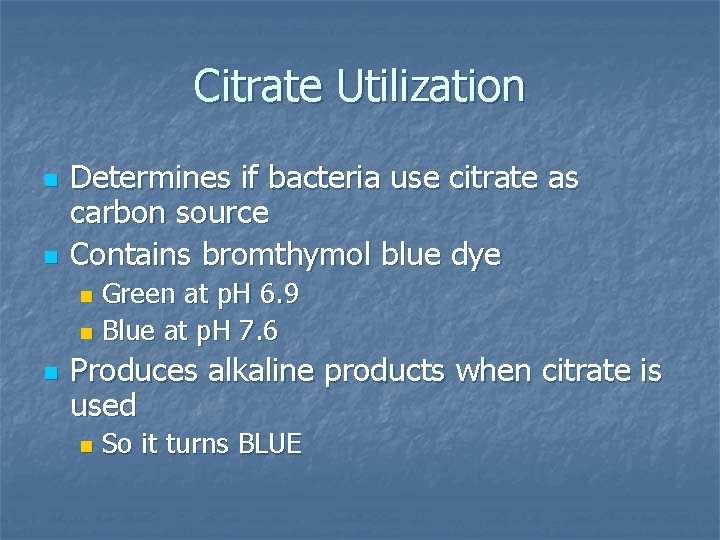 Citrate Utilization n n Determines if bacteria use citrate as carbon source Contains bromthymol