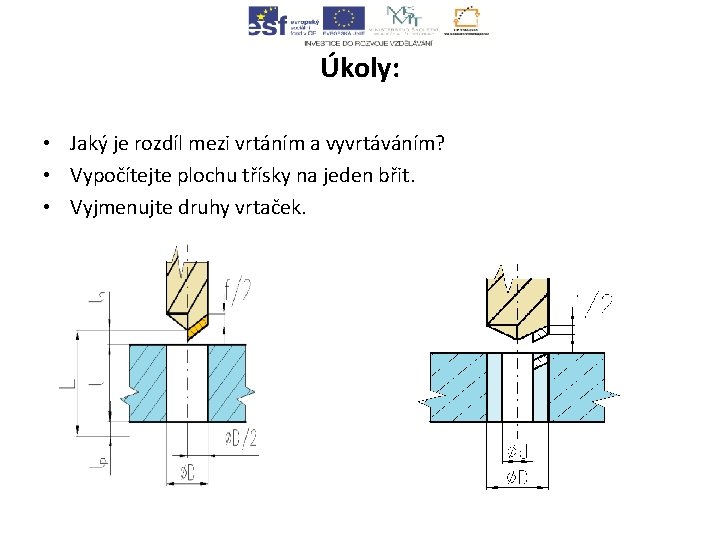 Úkoly: • Jaký je rozdíl mezi vrtáním a vyvrtáváním? • Vypočítejte plochu třísky na