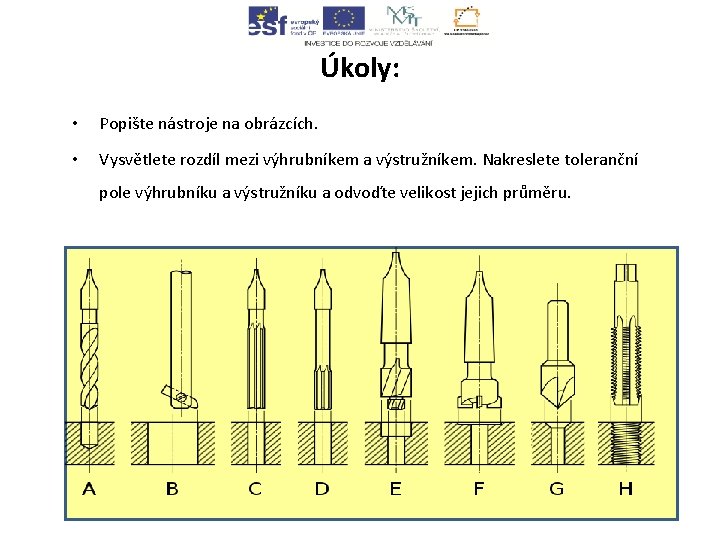 Úkoly: • Popište nástroje na obrázcích. • Vysvětlete rozdíl mezi výhrubníkem a výstružníkem. Nakreslete