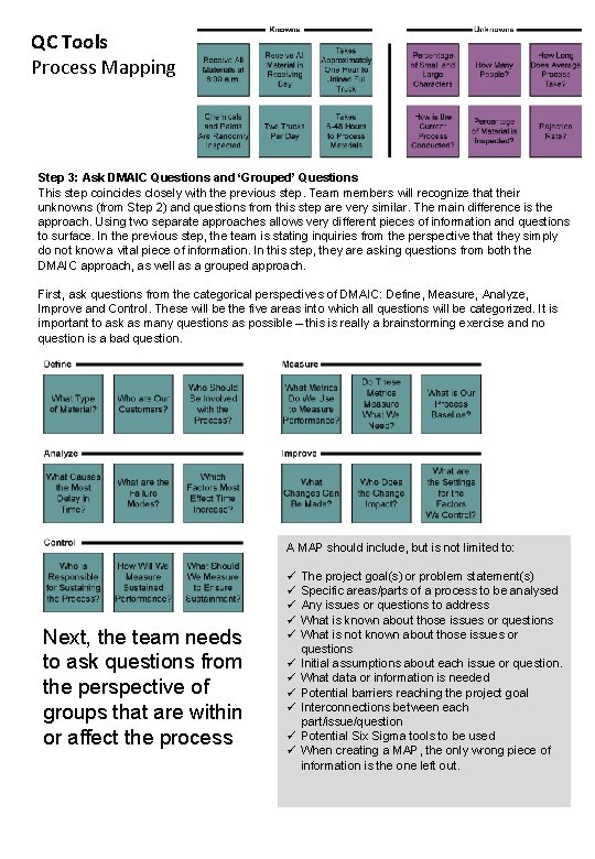 QC Tools Process Mapping Step 3: Ask DMAIC Questions and ‘Grouped’ Questions This step