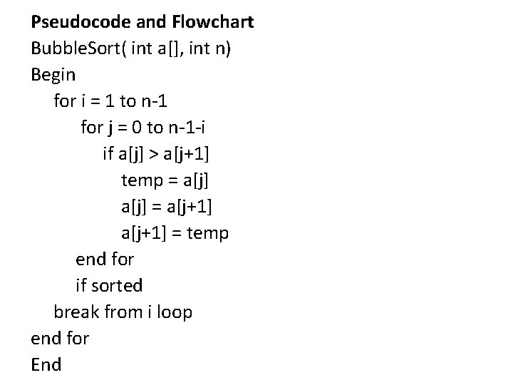 Pseudocode and Flowchart Bubble. Sort( int a[], int n) Begin for i = 1