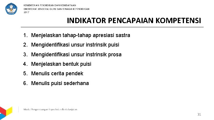 INDIKATOR PENCAPAIAN KOMPETENSI 1. Menjelaskan tahap-tahap apresiasi sastra 2. Mengidentifikasi unsur instrinsik puisi 3.