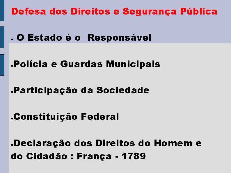 Defesa dos Direitos e Segurança Pública ● O Estado é o Responsável ● Polícia