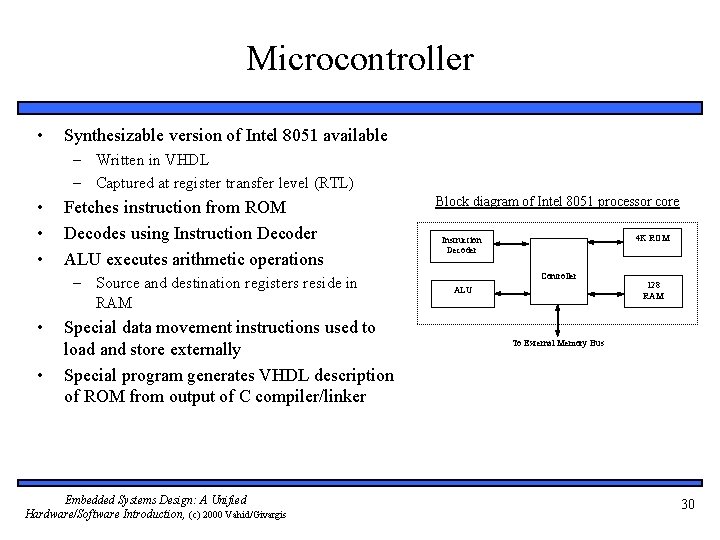 Microcontroller • Synthesizable version of Intel 8051 available – Written in VHDL – Captured