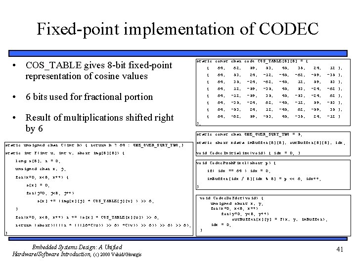 Fixed-point implementation of CODEC • COS_TABLE gives 8 -bit fixed-point representation of cosine values