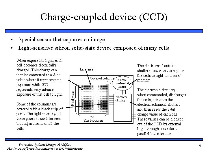 Charge-coupled device (CCD) • Special sensor that captures an image • Light-sensitive silicon solid-state