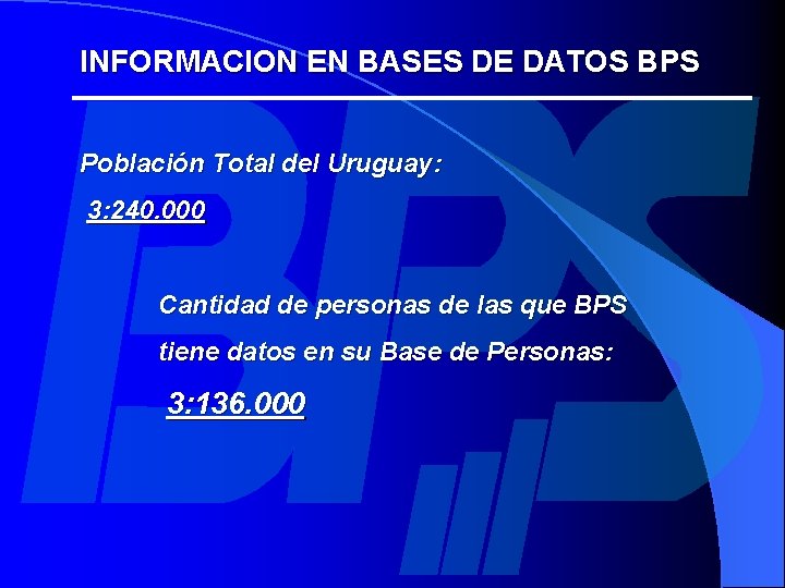 INFORMACION EN BASES DE DATOS BPS Población Total del Uruguay: 3: 240. 000 Cantidad
