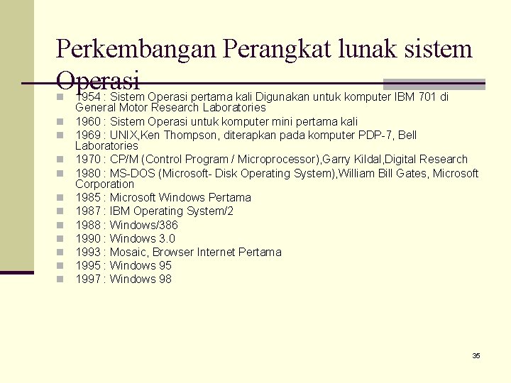 Perkembangan Perangkat lunak sistem Operasi 1954 : Sistem Operasi pertama kali Digunakan untuk komputer