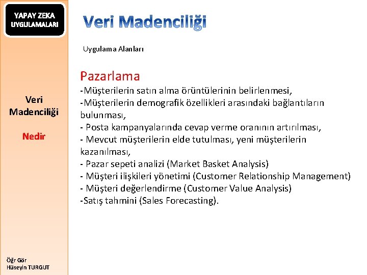 YAPAY ZEKA UYGULAMALARI Uygulama Alanları Pazarlama Veri Madenciliği Nedir Öğr Gör Hüseyin TURGUT -Müşterilerin