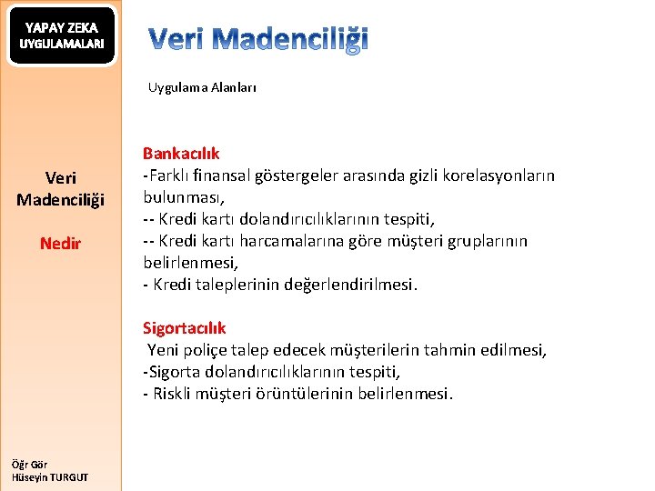 YAPAY ZEKA UYGULAMALARI Uygulama Alanları Veri Madenciliği Nedir Bankacılık -Farklı finansal göstergeler arasında gizli