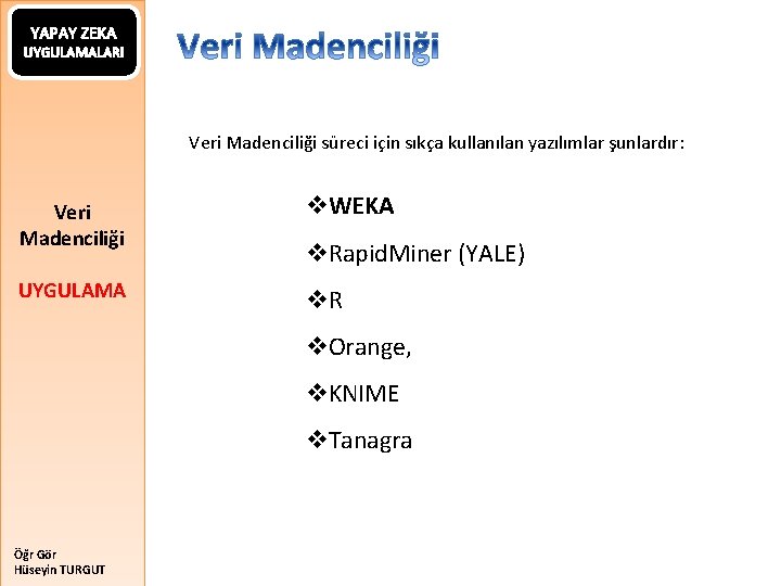 YAPAY ZEKA UYGULAMALARI Veri Madenciliği süreci için sıkça kullanılan yazılımlar şunlardır: Veri Madenciliği v.