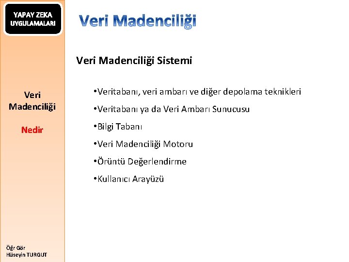 YAPAY ZEKA UYGULAMALARI Veri Madenciliği Sistemi Veri Madenciliği Nedir • Veritabanı, veri ambarı ve