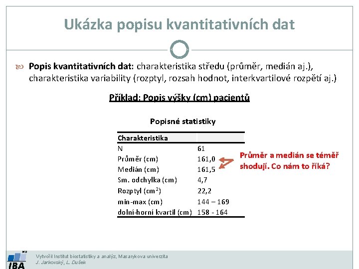 Ukázka popisu kvantitativních dat Popis kvantitativních dat: charakteristika středu (průměr, medián aj. ), charakteristika