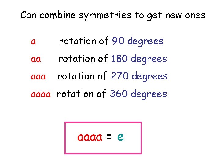 Can combine symmetries to get new ones a rotation of 90 degrees aa rotation