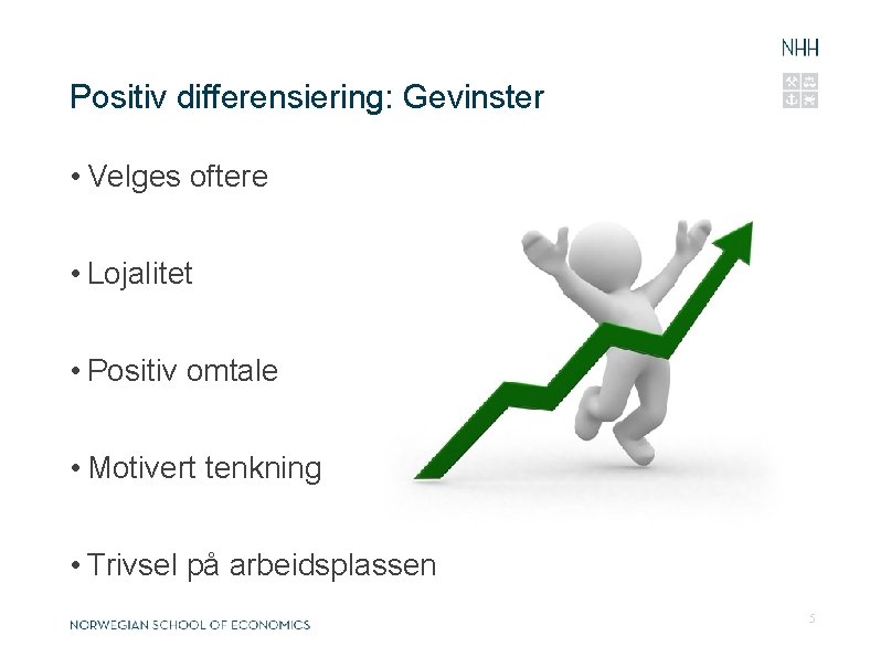 Positiv differensiering: Gevinster • Velges oftere • Lojalitet • Positiv omtale • Motivert tenkning