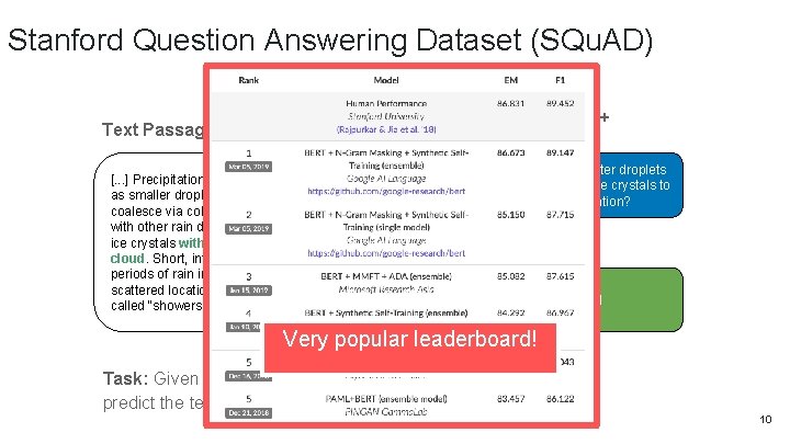 Stanford Question Answering Dataset (SQu. AD) Question + Answer Text Passage Where do water