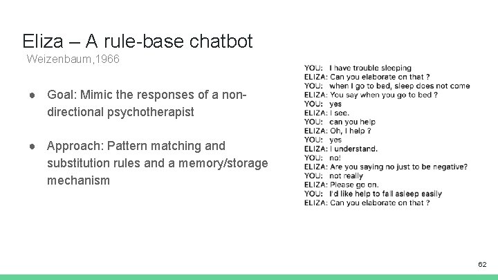 Eliza – A rule-base chatbot Weizenbaum, 1966 ● Goal: Mimic the responses of a