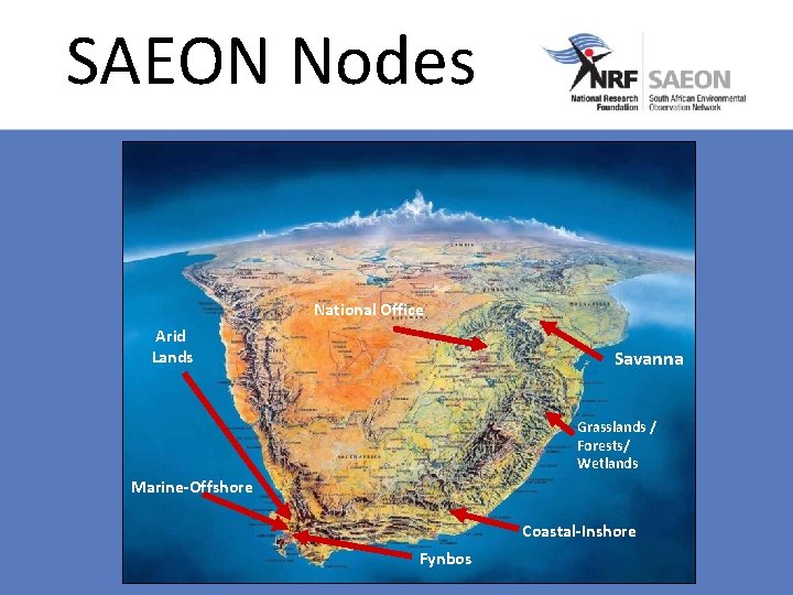 SAEON Nodes National Office Arid Lands Savanna Grasslands / Forests/ Wetlands Marine-Offshore Coastal-Inshore Fynbos