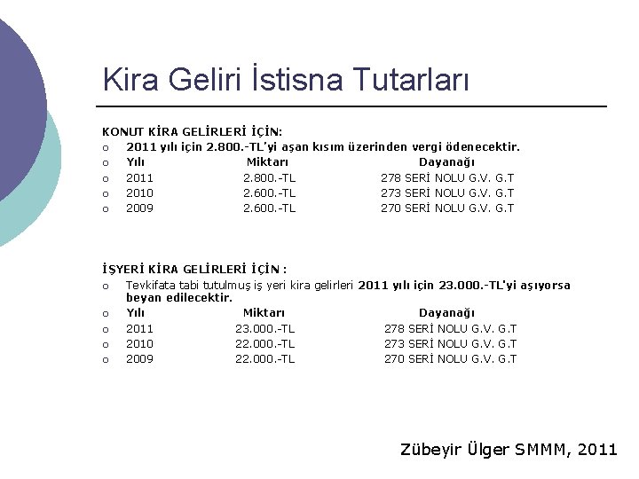 Kira Geliri İstisna Tutarları KONUT KİRA GELİRLERİ İÇİN: ¡ 2011 yılı için 2. 800.