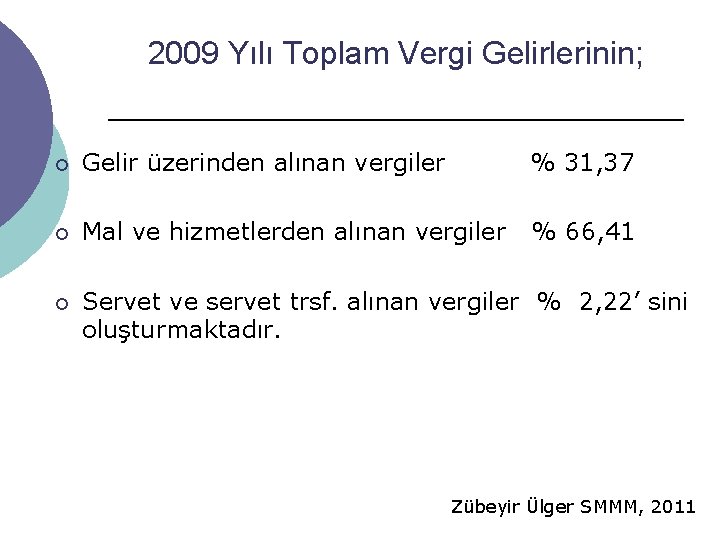 2009 Yılı Toplam Vergi Gelirlerinin; ¡ Gelir üzerinden alınan vergiler % 31, 37 ¡