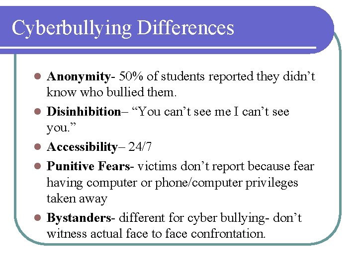 Cyberbullying Differences l l l Anonymity- 50% of students reported they didn’t know who