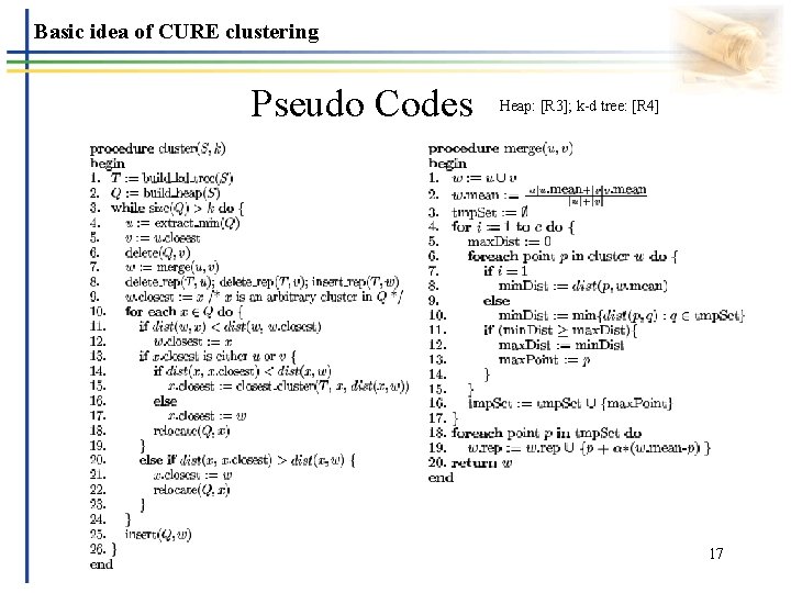 Basic idea of CURE clustering Pseudo Codes Heap: [R 3]; k-d tree: [R 4]