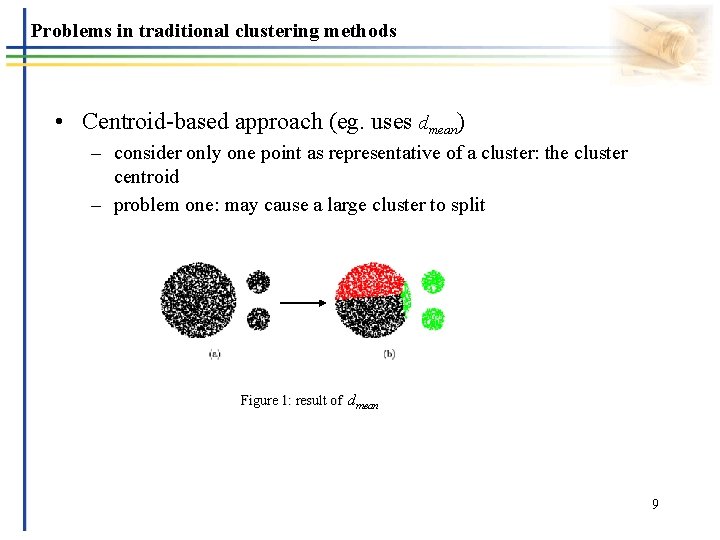 Problems in traditional clustering methods • Centroid-based approach (eg. uses dmean) – consider only