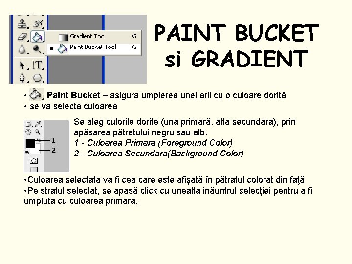 PAINT BUCKET si GRADIENT • Paint Bucket – asigura umplerea unei arii cu o