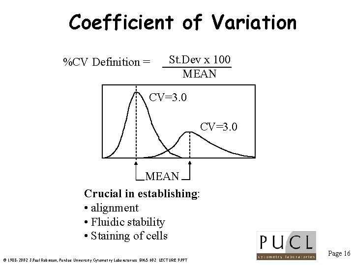 Coefficient of Variation %CV Definition = St. Dev x 100 MEAN CV=3. 0 MEAN