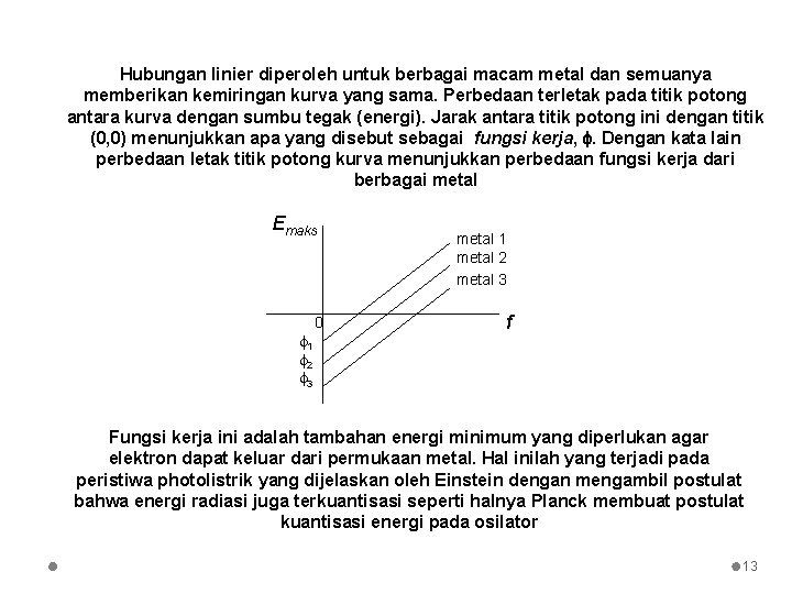 Hubungan linier diperoleh untuk berbagai macam metal dan semuanya memberikan kemiringan kurva yang sama.