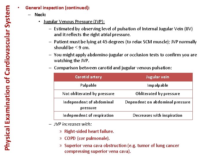 Physical Examination of Cardiovascular System • General inspection (continued): – Neck: • Jugular Venous