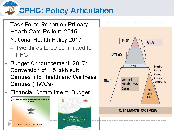CPHC: Policy Articulation • • Task Force Report on Primary Health Care Rollout, 2015