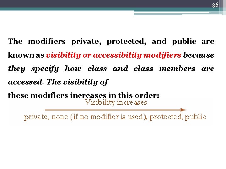 36 The modifiers private, protected, and public are known as visibility or accessibility modifiers