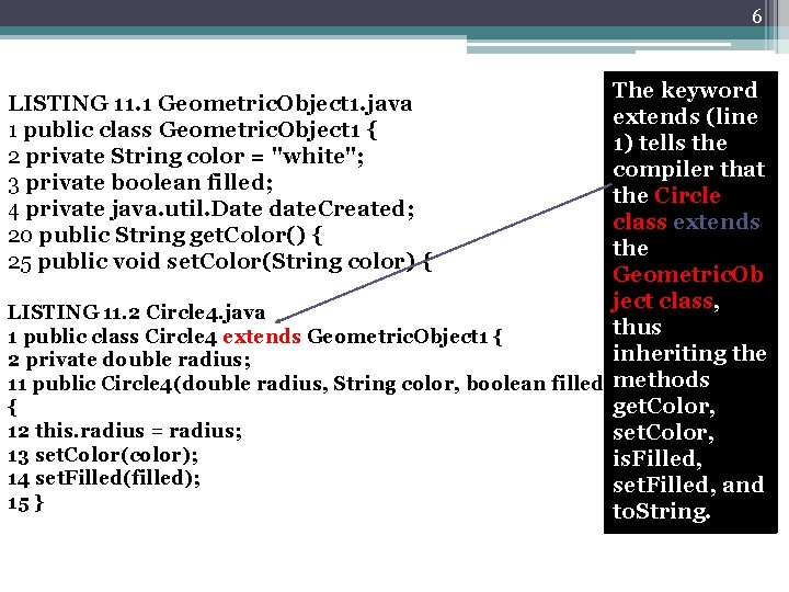 6 The keyword extends (line 1) tells the compiler that the Circle class extends