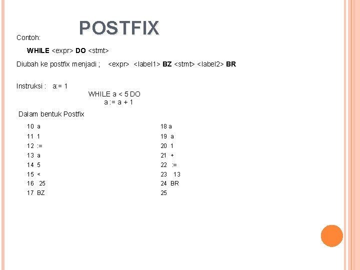 Contoh: POSTFIX WHILE <expr> DO <stmt> Diubah ke postfix menjadi ; <expr> <label 1>