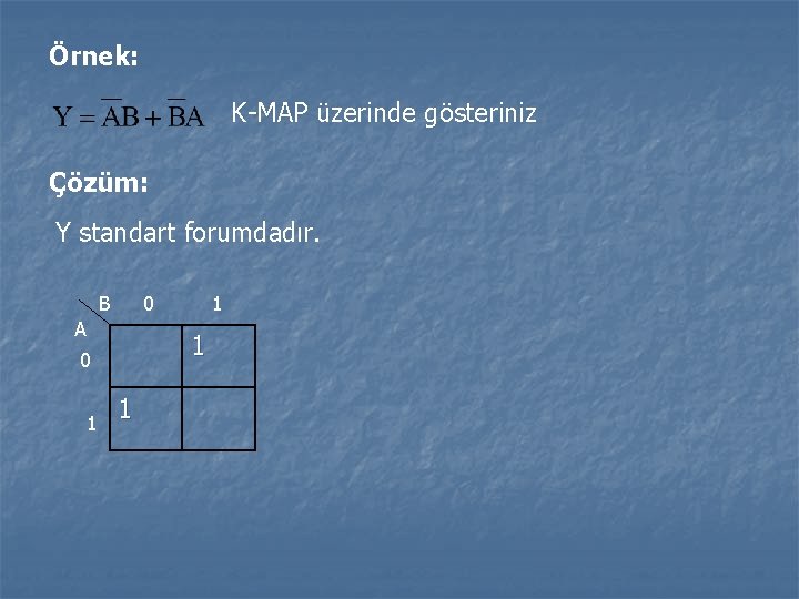Örnek: K-MAP üzerinde gösteriniz Çözüm: Y standart forumdadır. B 0 A 1 0 1 Örnek: K-MAP üzerinde gösteriniz Çözüm: Y standart forumdadır. B 0 A 1 0 1