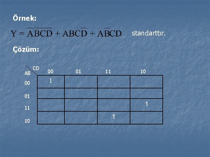 Örnek: standarttır. Çözüm: AB 00 CD 00 01 11 10 1 01 1 11 Örnek: standarttır. Çözüm: AB 00 CD 00 01 11 10 1 01 1 11
