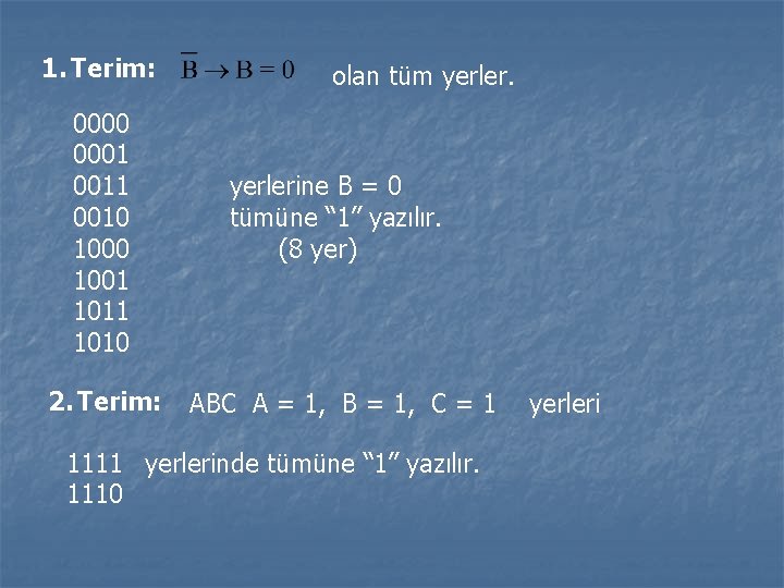 1. Terim: 0000 0001 0010 1001 1010 2. Terim: olan tüm yerlerine B = 1. Terim: 0000 0001 0010 1001 1010 2. Terim: olan tüm yerlerine B =