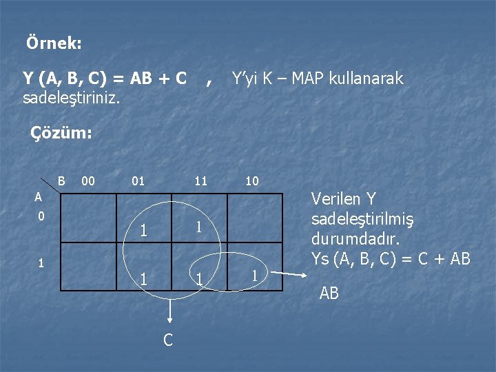 Örnek: Y (A, B, C) = AB + C sadeleştiriniz. , Y’yi K – Örnek: Y (A, B, C) = AB + C sadeleştiriniz. , Y’yi K –