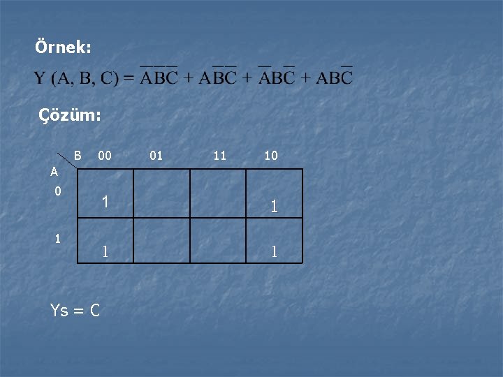 Örnek: Çözüm: B 00 01 11 10 A 0 1 Ys = C 1 Örnek: Çözüm: B 00 01 11 10 A 0 1 Ys = C 1