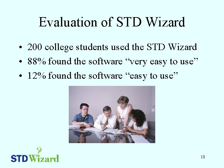 Evaluation of STD Wizard • 200 college students used the STD Wizard • 88%