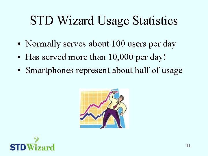 STD Wizard Usage Statistics • Normally serves about 100 users per day • Has