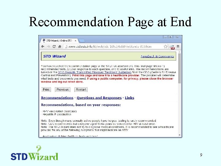 Recommendation Page at End 9 