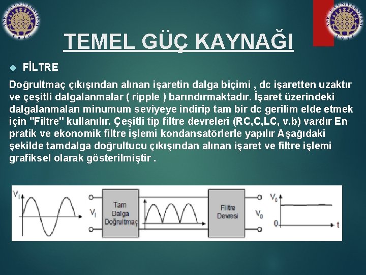 TEMEL GÜÇ KAYNAĞI FİLTRE Doğrultmaç çıkışından alınan işaretin dalga biçimi , dc işaretten uzaktır