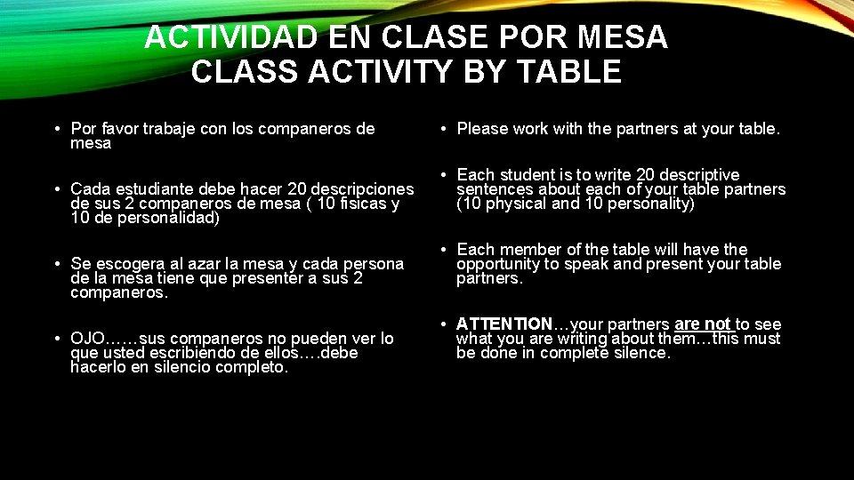 ACTIVIDAD EN CLASE POR MESA CLASS ACTIVITY BY TABLE • Por favor trabaje con