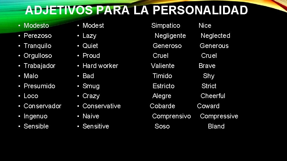 ADJETIVOS PARA LA PERSONALIDAD • Modesto • Modest Simpatico Nice • Perezoso • Lazy