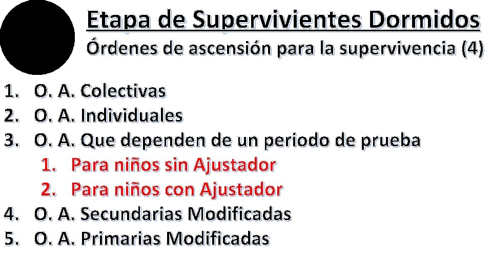 Etapa de Supervivientes Dormidos Órdenes de ascensión para la supervivencia (4) 1. O. A.