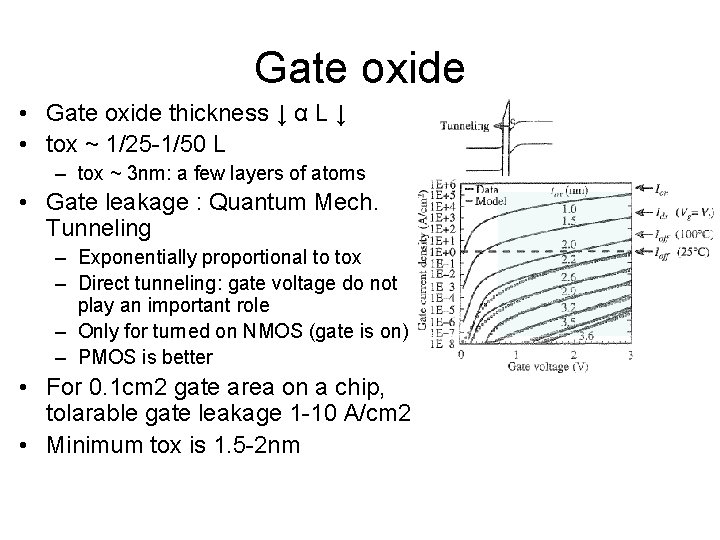 Gate oxide • Gate oxide thickness ↓ α L ↓ • tox ~ 1/25