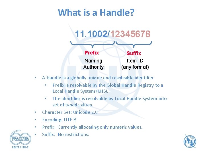 What is a Handle? 11. 1002/12345678 Prefix Naming Authority • • • Suffix Item